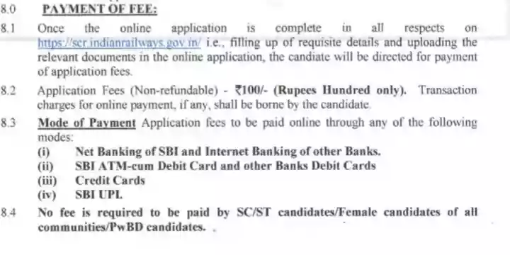Application Fee For South Central Railway Apprentice 2023